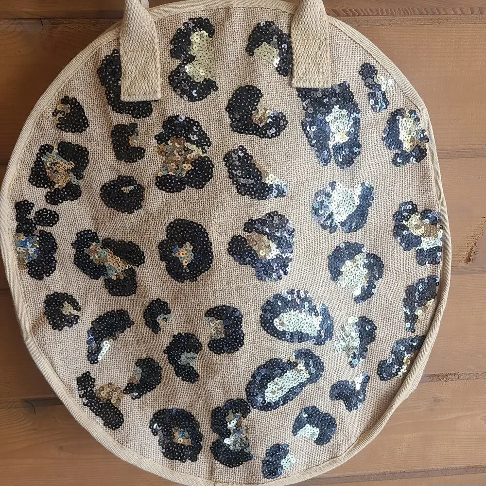 Mudpie Jute Leopard Sequin Tote Purse Tan Round Circle Beach Bag Boho Beachy